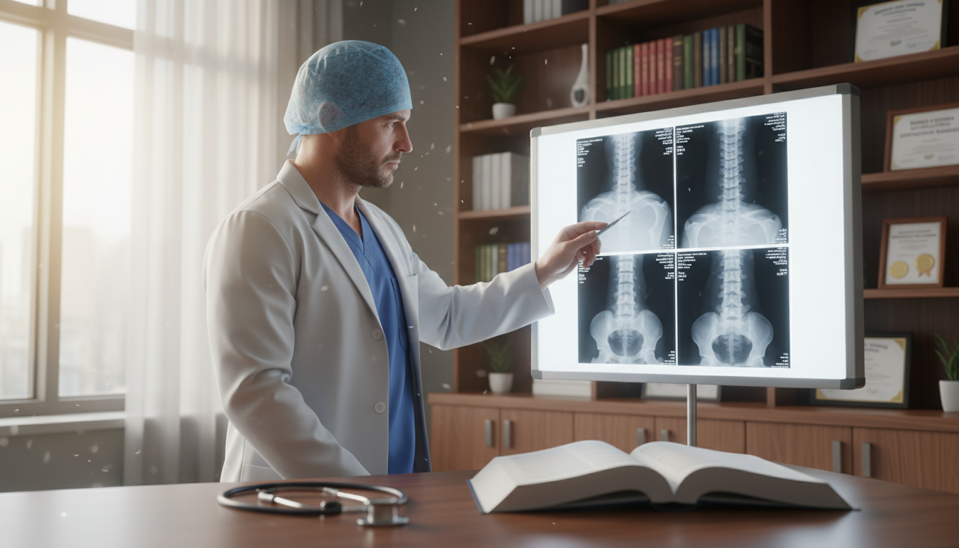 cirurgião especialista em coluna avaliando exames