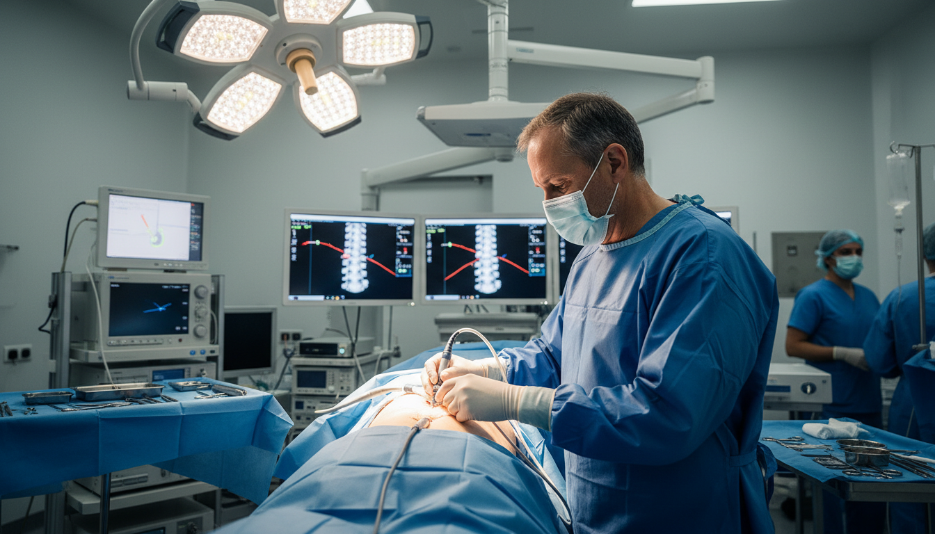 especialista em endoscopia de coluna realizando procedimento