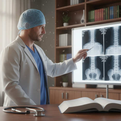 cirurgião especialista em coluna avaliando exames