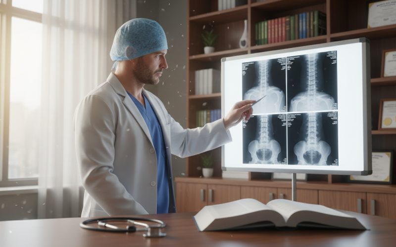cirurgião especialista em coluna avaliando exames