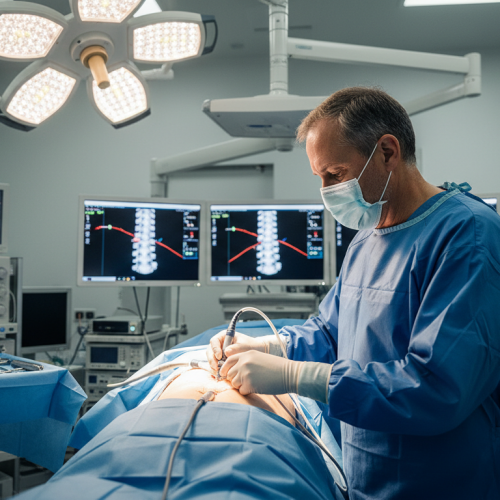 especialista em endoscopia de coluna realizando procedimento