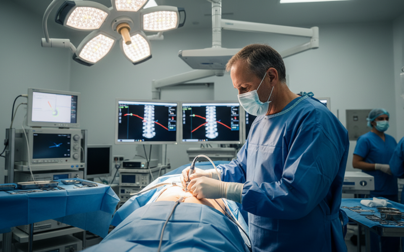 especialista em endoscopia de coluna realizando procedimento